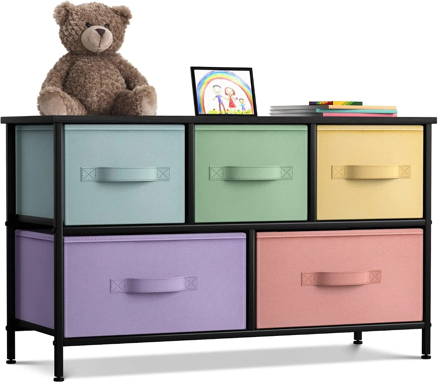 Dresser with 5 Fabric Drawers & Wood Top (Multi Color/Black), Customized