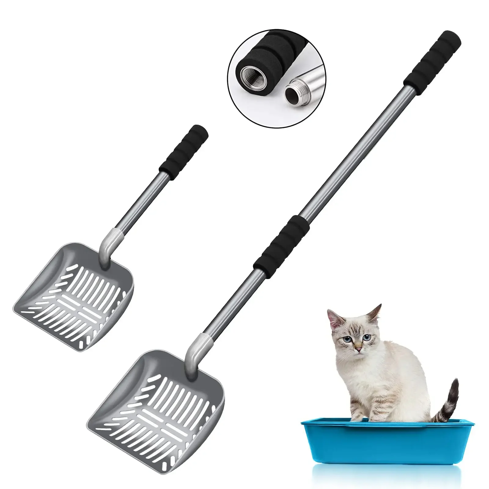 Cat Litter Scoop With 32-Inch Metal Handle Wide Slotted Head Sifts Clumps Rust Resistant Pet Poop Shovel for Litter Box