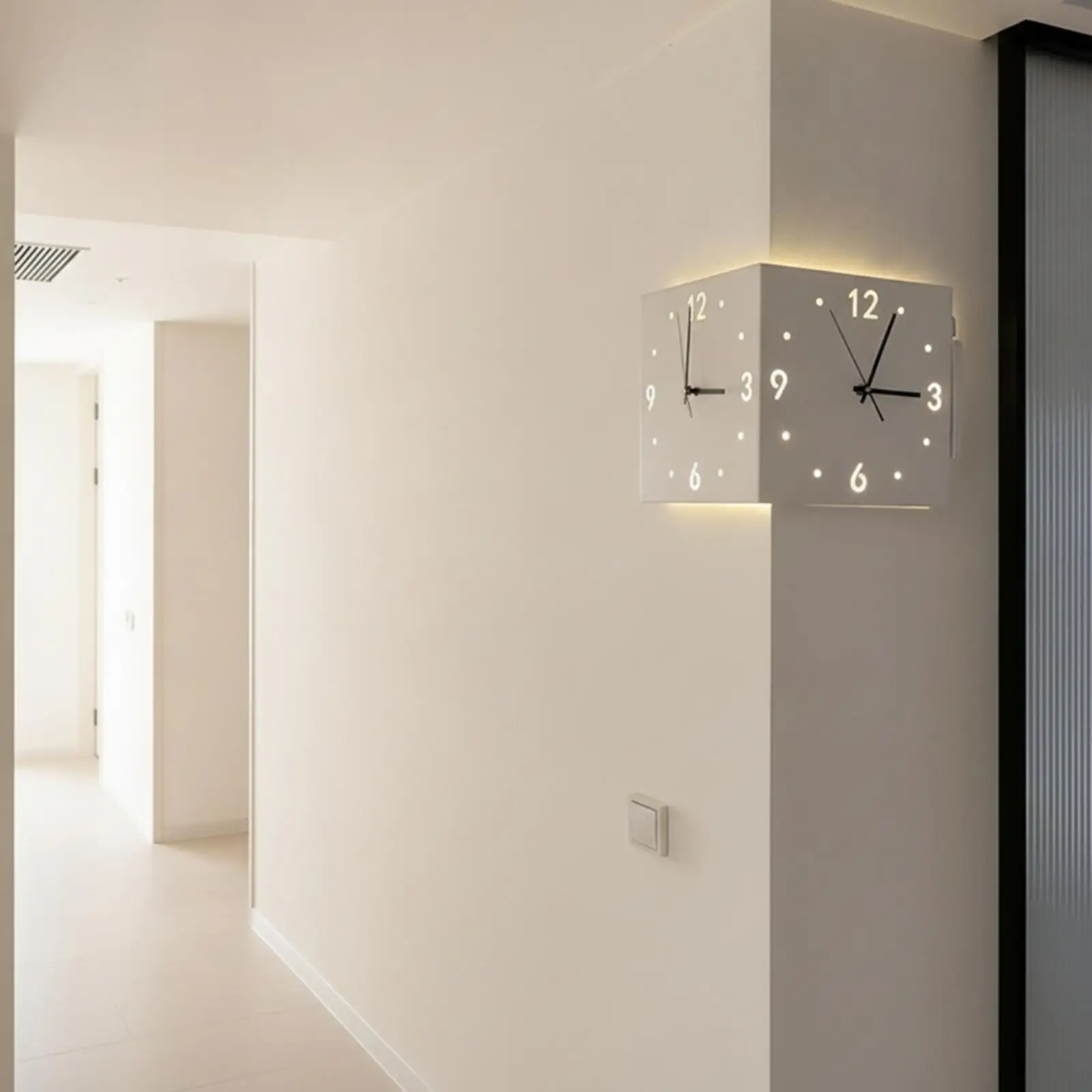 Corner Mounted Wall Clock Two Sided Dial with Glowing Bottom Edge for Workspace Study Room Modern Decorative Look