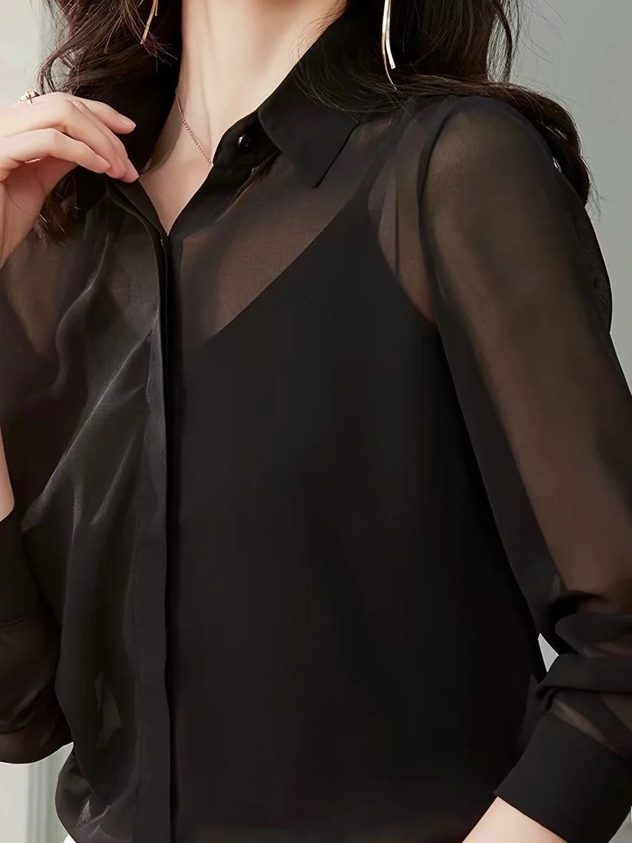 Black Long Sleeve Women's Shirt Sexy See through Fashionable Sun Protection Chiffon Top Elegant Sexy Casual Loose Fit  Co...