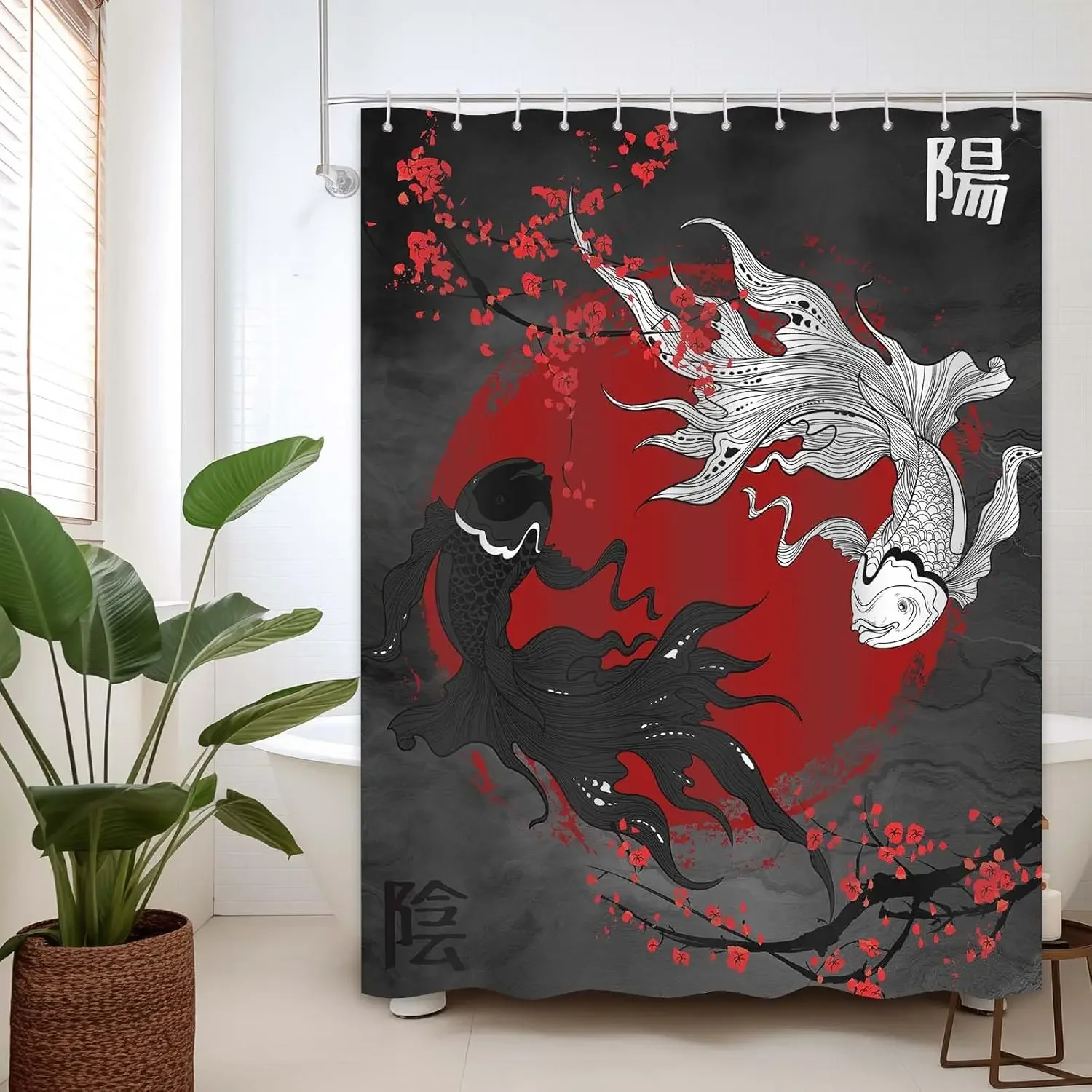 shower curtain koi yin yang black and red asian oriental bathroom decorative shower curtain with hook tarpaulin fabric