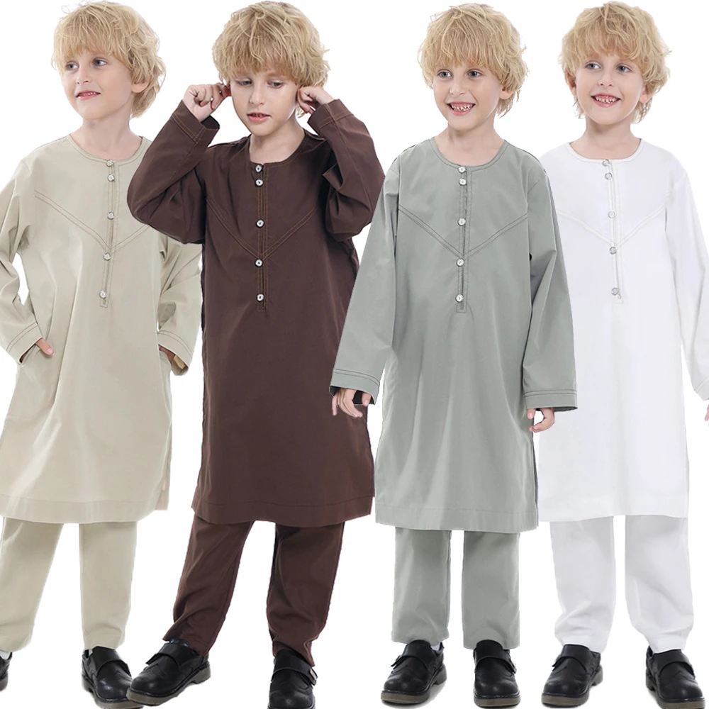 Moslim Abaya Dubai Jongen Jubba Thobe Voor Kinderen Gewaad Broek Kaftan Pakistan Gebed Pak 2 Stuks Sudi Arabië Midden-oosten ramadan