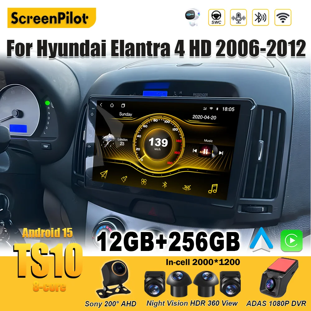 For Hyundai Elantra 4 HD 2006-2012 Android 15 Multimedia Video Player Car Radio Wireless Android Auto Bluetooth 8 Core Wifi 5G