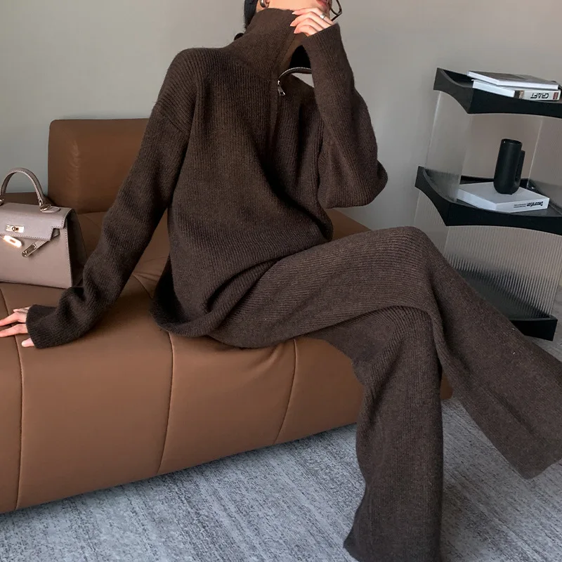 

Однотонный вязаный пуловер с воротником и длинными рукавами + брюки с эластичной резинкой на талии 2, модный свитер с капюшоном на молнии, женский зимний новый корейский комплект