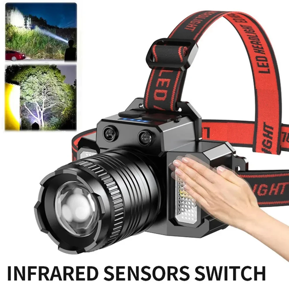 T51 Induction LED Headlamp Super Bright USB Rechargeable Zoom Headlight Outdoors Camping Waterproof Torch with Mobile Power Bank