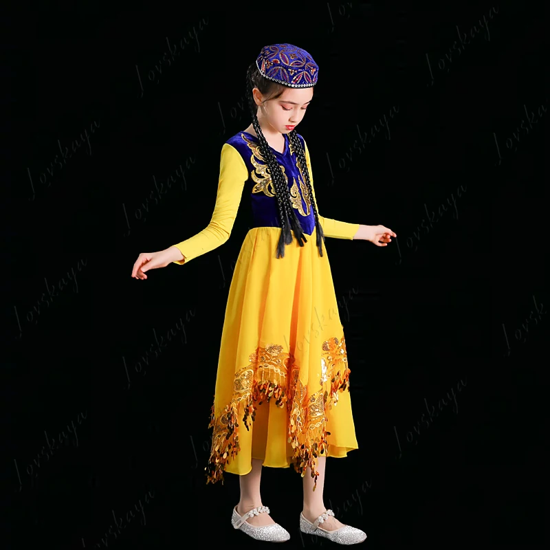 Trajes de baile de Xinjiang para niños, ropa de escenario uigur, disfraces étnicos infantiles para actuaciones de danza kazaj