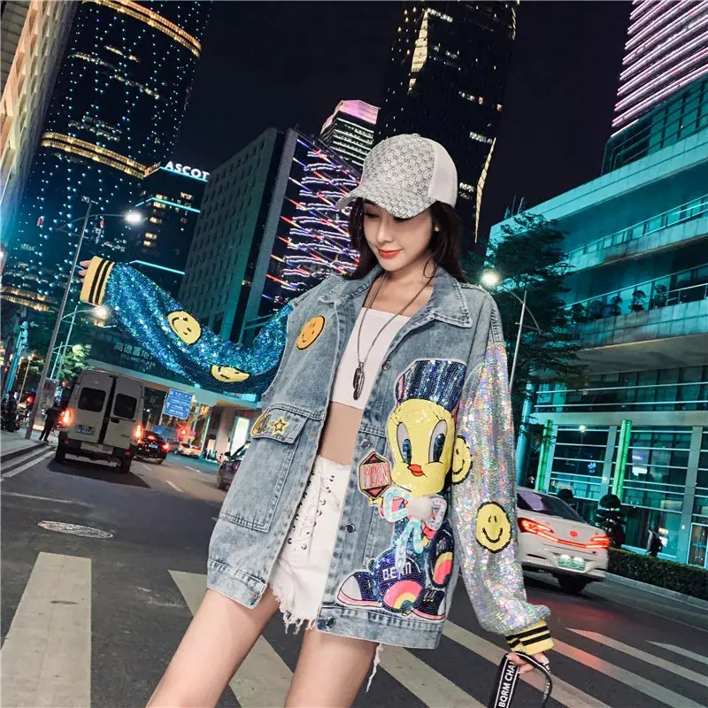 

Street-Style Denim Jacket For Women Summer 2025 New Loose Jean Jacket Cartoon Sequins Embroidered Long Sleeves Loose Top Female