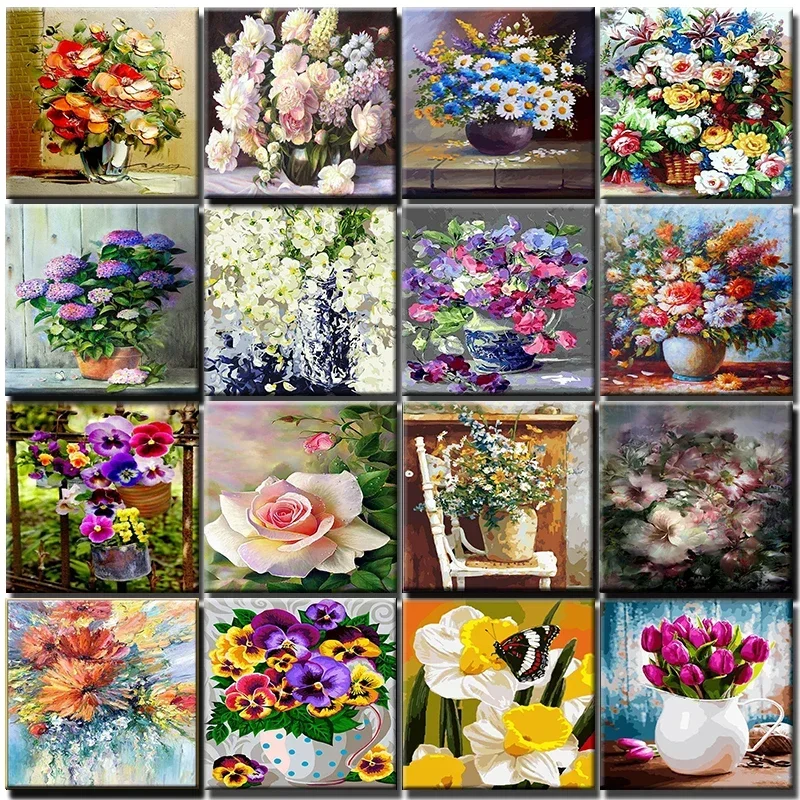 125472 Paint By Numbers Flower Set Colorful Oil Picture Drawing Canvas Frame Acrylic Paint For Adults