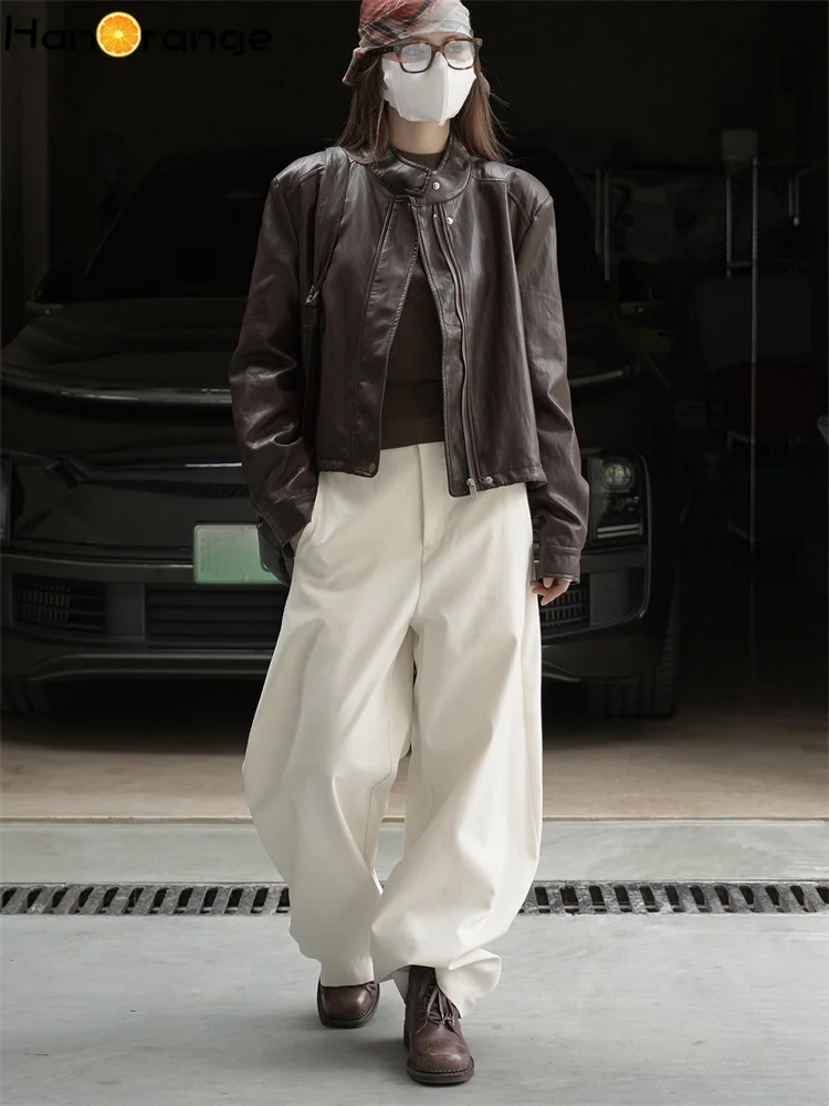 HanOrange 2025 Winter Retro Fashion Splicing Line with Bag PU Jacket Women Short Stand Collar Jacket Black/Coffee