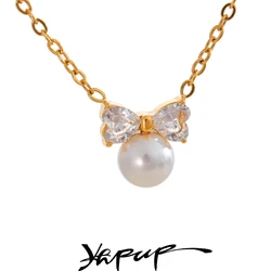 Yhpup Delicate Bling AAA Zircon Imitation Pearls Bow Knot Drop Collar Necklace Elegant Korean Trendy Popular Jewelry for Women