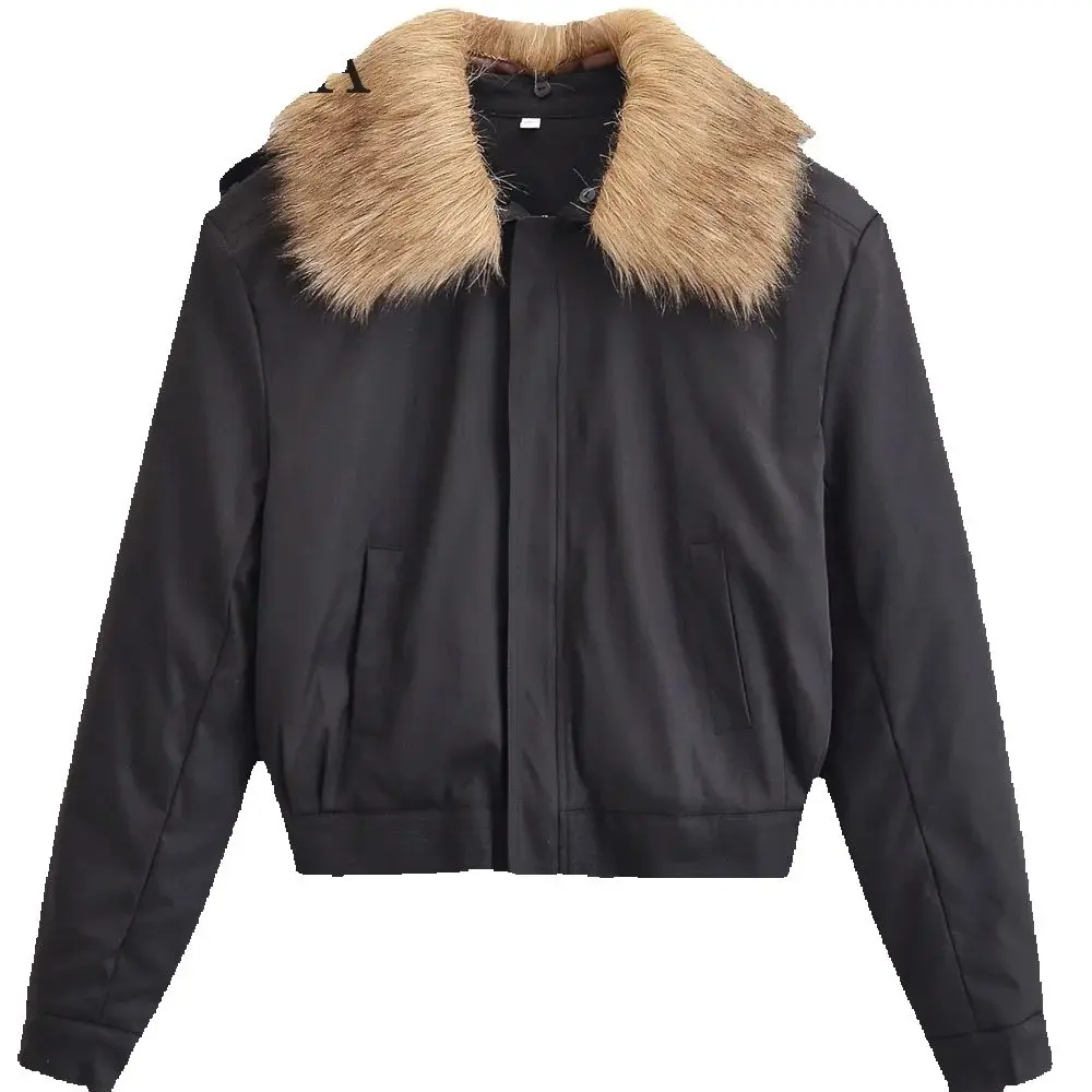 

Женский свободный топ с воротником и меховым воротником, длинными рукавами, карманами на молнии и пуговицами, осенне-зимняя новая мода