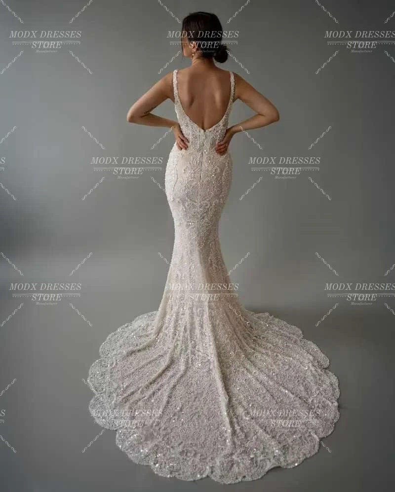 MODX Abito da sposa a sirena con spalline in pizzo di lusso Abito da sposa Lunghezza pavimento Abiti personalizzati Novias Boda Donna
