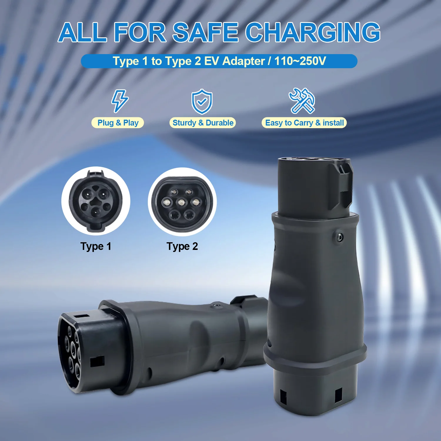 Kolanky EV Charging Adapter 32A 7.2KW Type 1 To Type 2 Home Charging For EU Electric Vehicle Hybrid Cars Conventer