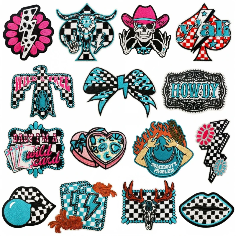 

American Western Cowboy Skull Checkerboard Design Sew Iron-on Embroidered Patch Badge For DIY Clothing Hat Bags Jeans Decoration