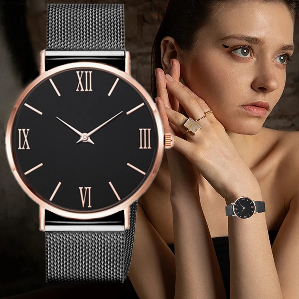 Fashion Women Watch Minimalist Roman Number Dial Metal Mesh Band Analog Quartz Ladies Wristwatch Clock Gift Relogio Feminino