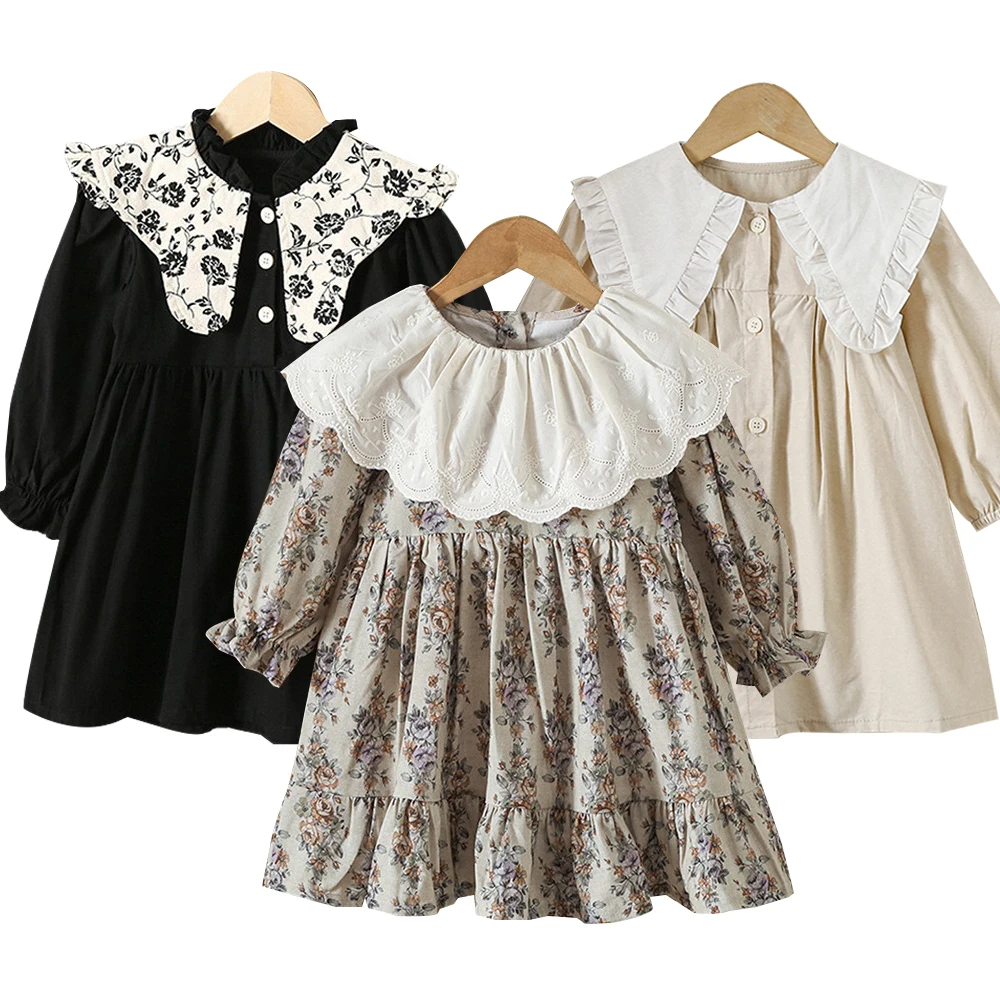 

Платье с цветочным принтом для маленьких девочек, осенняя детская одежда с длинными рукавами, повседневная винтажная детская цельная одежда, свободные платья, повседневная одежда