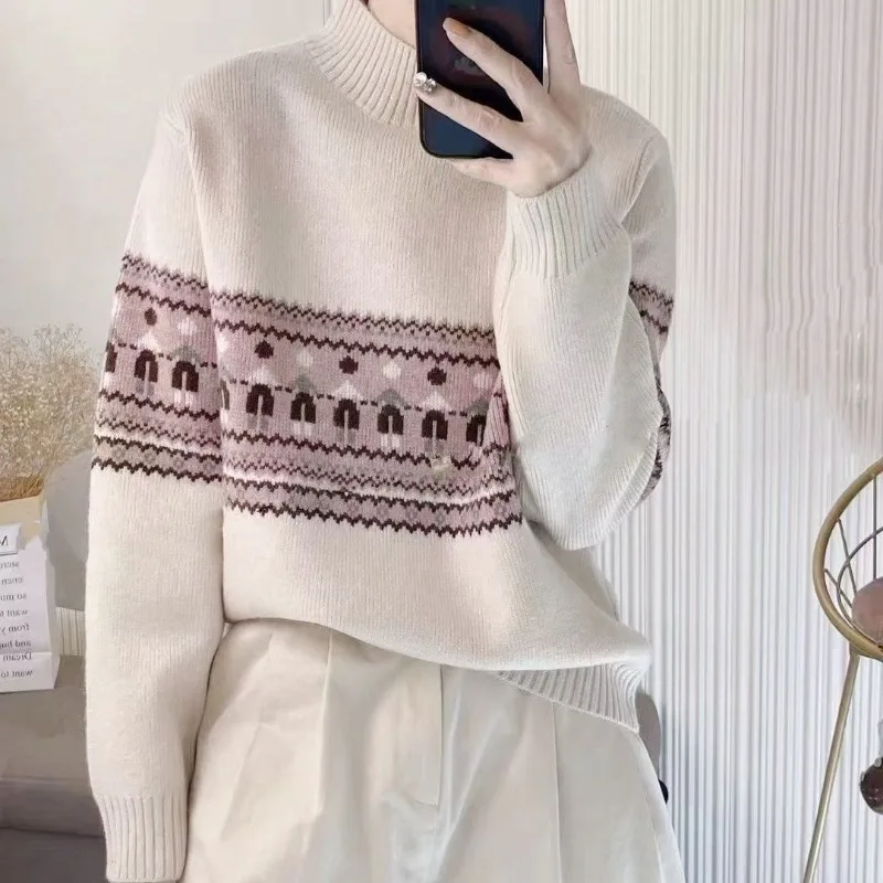 Women's Half High Collar Sweater Loose Autumn Winter New Retro Fashion Printed Wave Cut Long Sleeve Pullover Knitted Bottom Tops