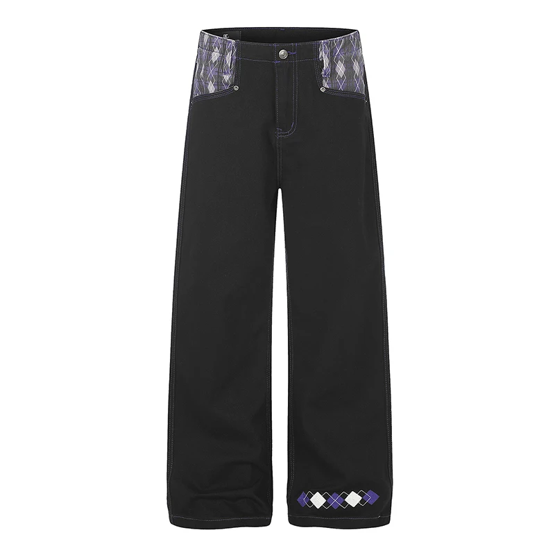 Calça Jeans Unissex com Design Japonês Oriental, Padrão de Diamante Roxo e Recortes, Corte Reto, Casual e Solta