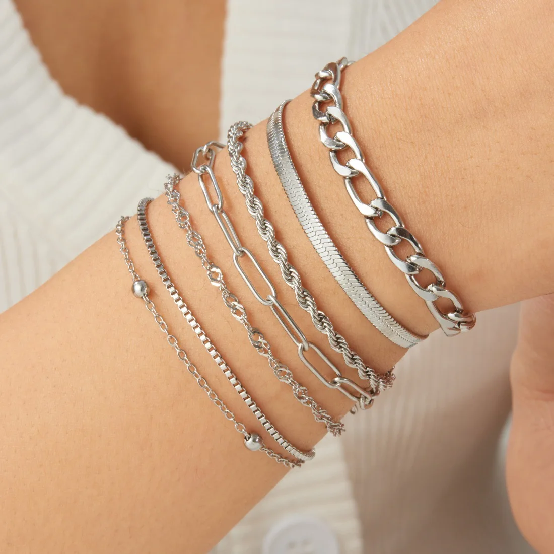 6Pcs Layered Stainless Steel  Bracelet For Women Gold Color Dainty Figaro Snake Chain Stackable Bacelets Minimalist Jewelry Gift