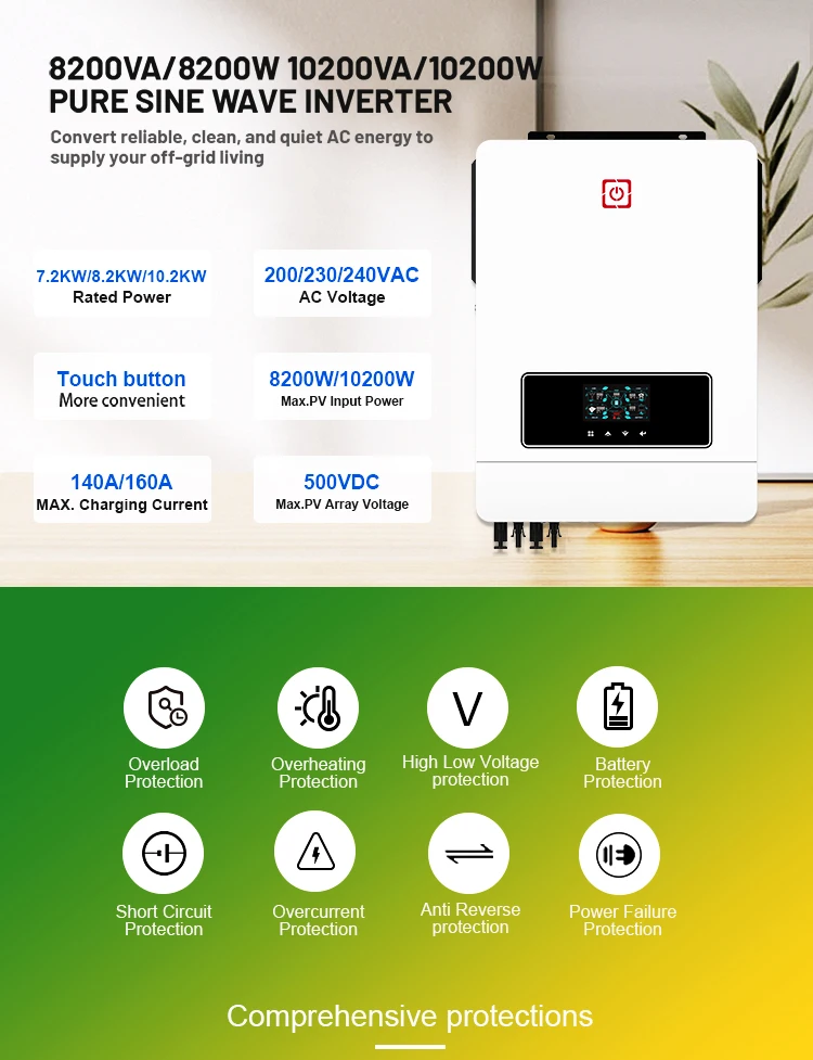 MAX-10.2KW Pure Sine  to AC Hybrid InverterMPPT 160A Dual PV Dual Output