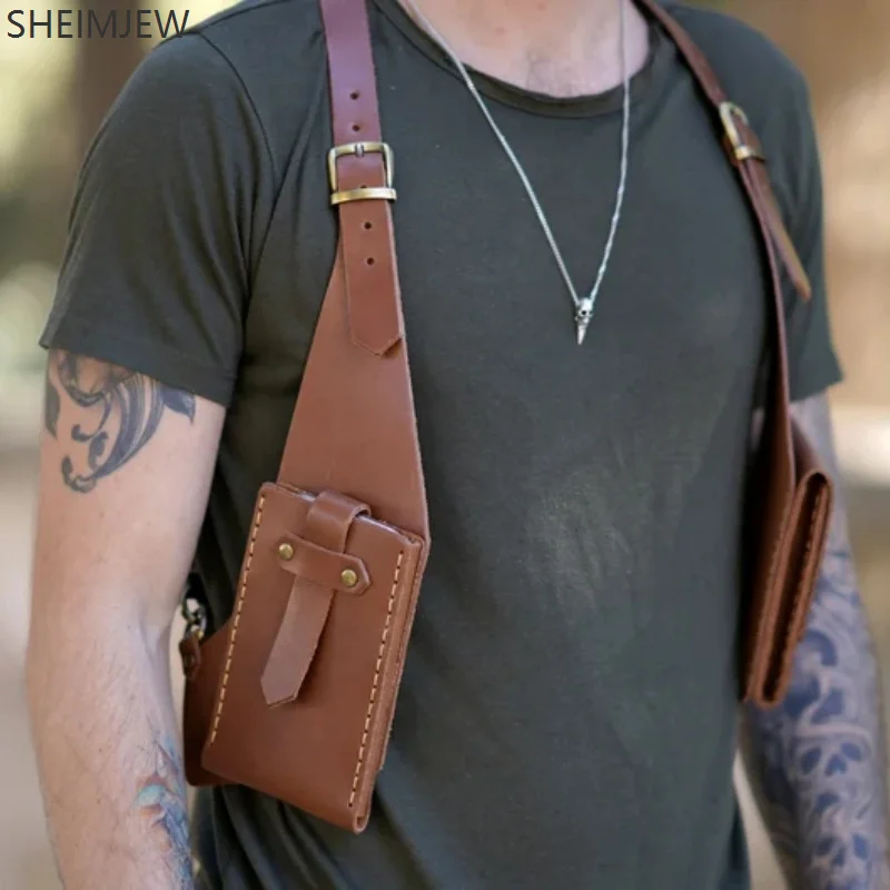 패션 더블 어깨 스트랩 멀티 포켓 남자 야외 도난 방지 가슴 가방 중세 가죽 다기능 Crossbody 가방 Walle