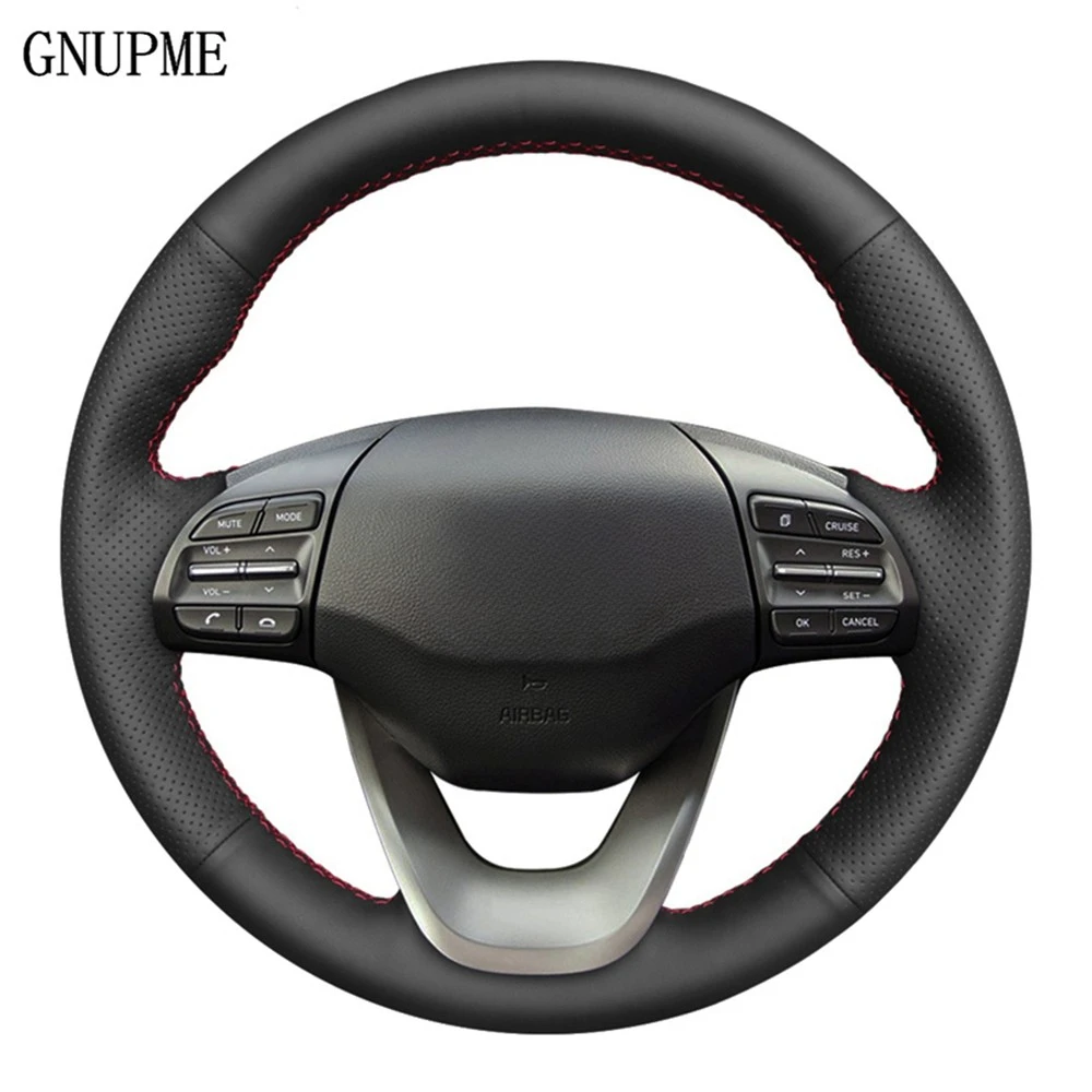 Hand-stitched DIY Black Artificial Leather Car Steering Wheel Cover For Hyundai Kona 2017 2018 2019