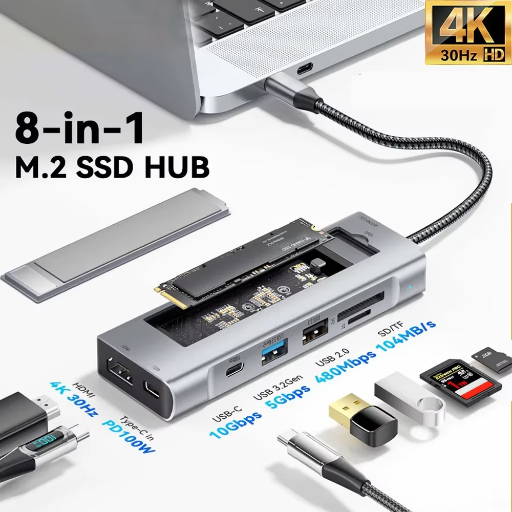 HUB USB 8 w 1 z funkcją pamięci dysku Adapter PD100W USB C na HDMI Stacja dokująca SSD M.2 SATA NVME do Macbooka PC