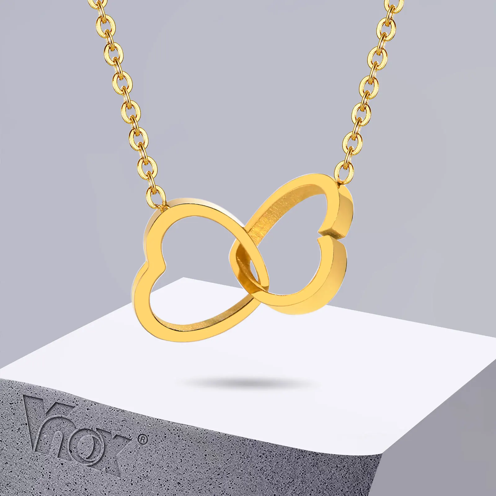 Vnox Interlocked Heart Necklaces for Women, Gold Color Stanless Steel Girls Neck Collar, Elegant Slim Jewelry