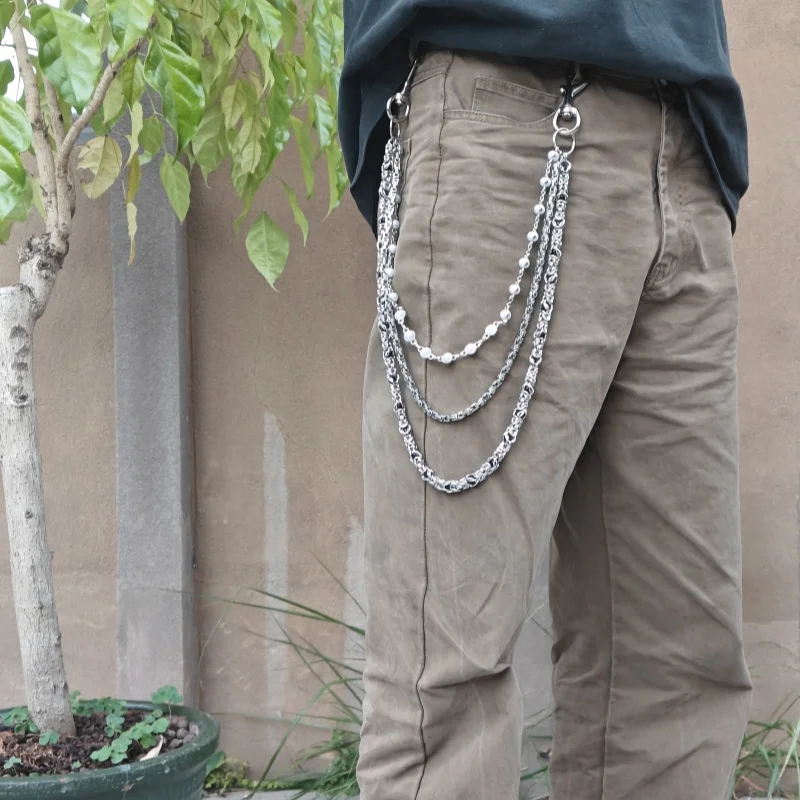 Retro sMonarch Keel Clamp Beads Pearl Pants Chain Three layers Fashion Accessories Hip Hop Punk One\'s Waist Concise y2k KeyChain