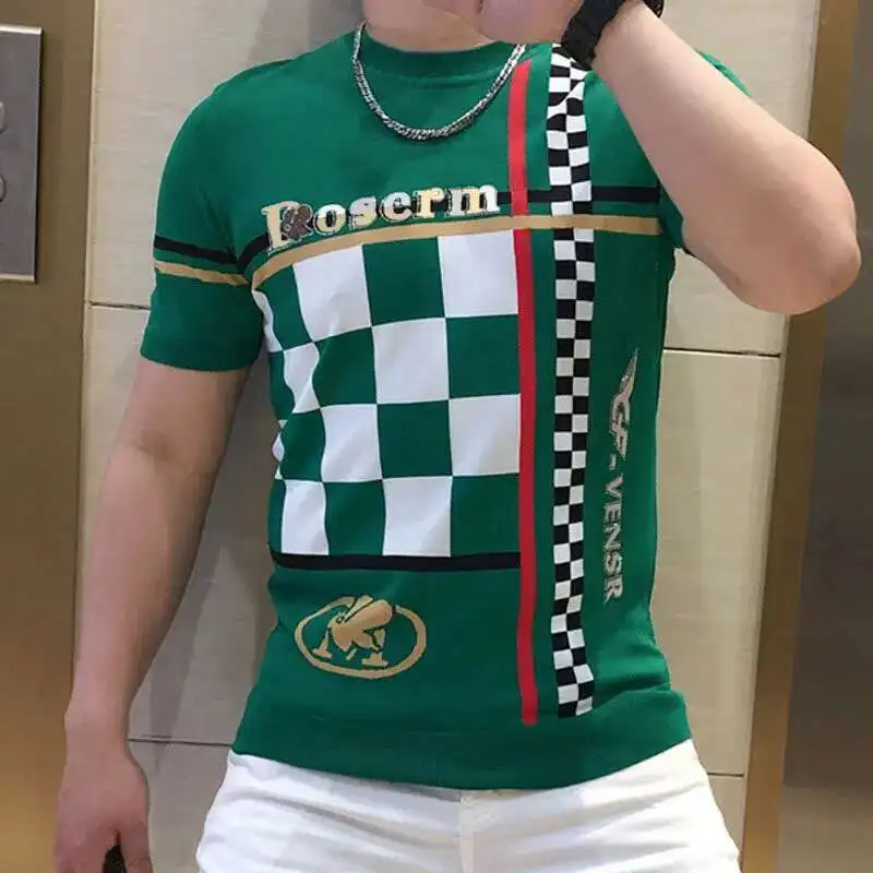 2022 High Quality Knitting Lattice Jacquard Men\'s T-Shirt Fashion Hot Drill Slim Fit Round Neck Knitting Short Sleeve Tee Shirts