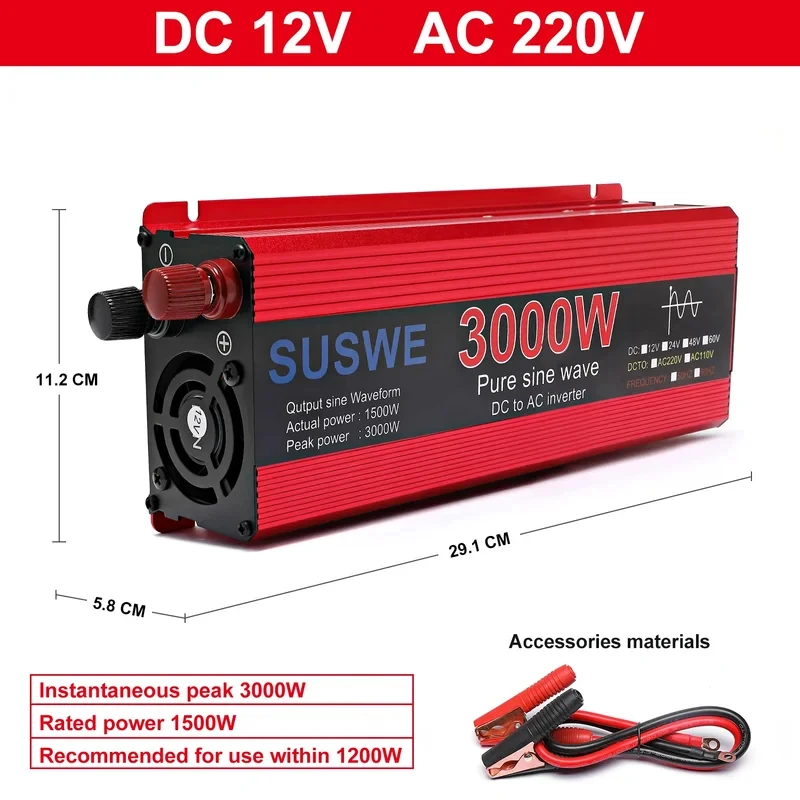 Pure Sine Wave Inverter DC 12V/24V to 220V 50HZ 1000W 2000W 2200W 3000W Car Power Inverter Vehicle Power Transformer Portable