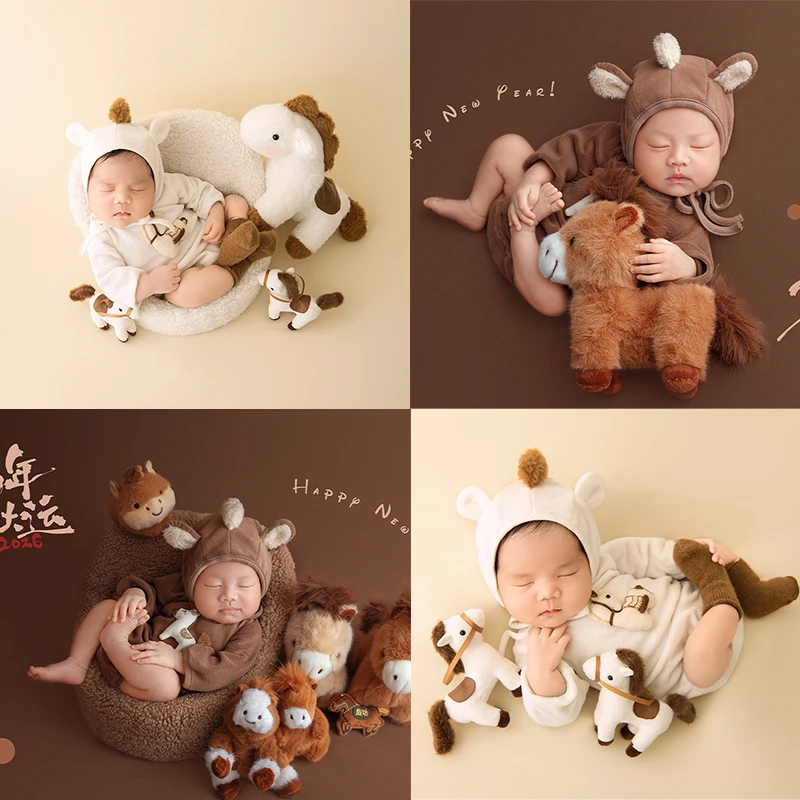 

2026 Animal Theme Newborn Photography Outfit Baby Soft Skin-Friendly Romper and Hat, Pony Plush Toy Professional Photo Props