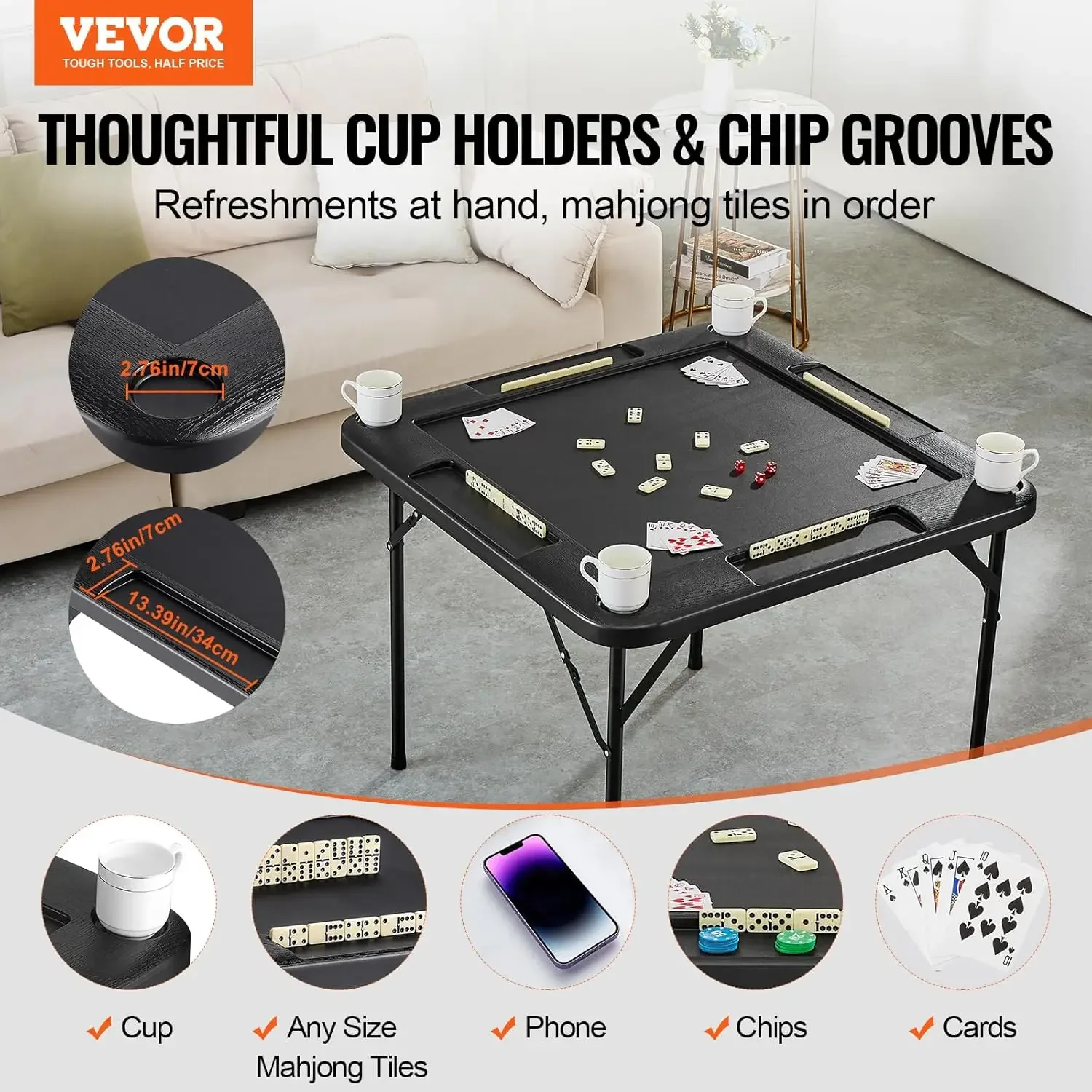 Mahjong Table, Square 4 Player Folding Card Table with 4 Cup Holders & 4 Chip Trays