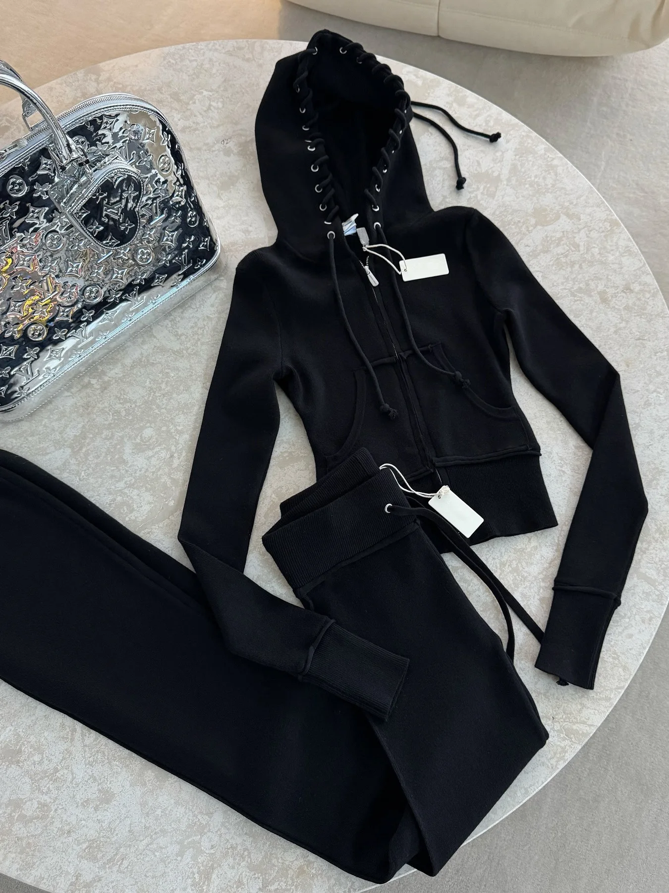 2000s Spring Autumn European American Women's Chic Aesthetics Flirty Fashion Zipper up Drawstring Short Jacket Long Pants Set