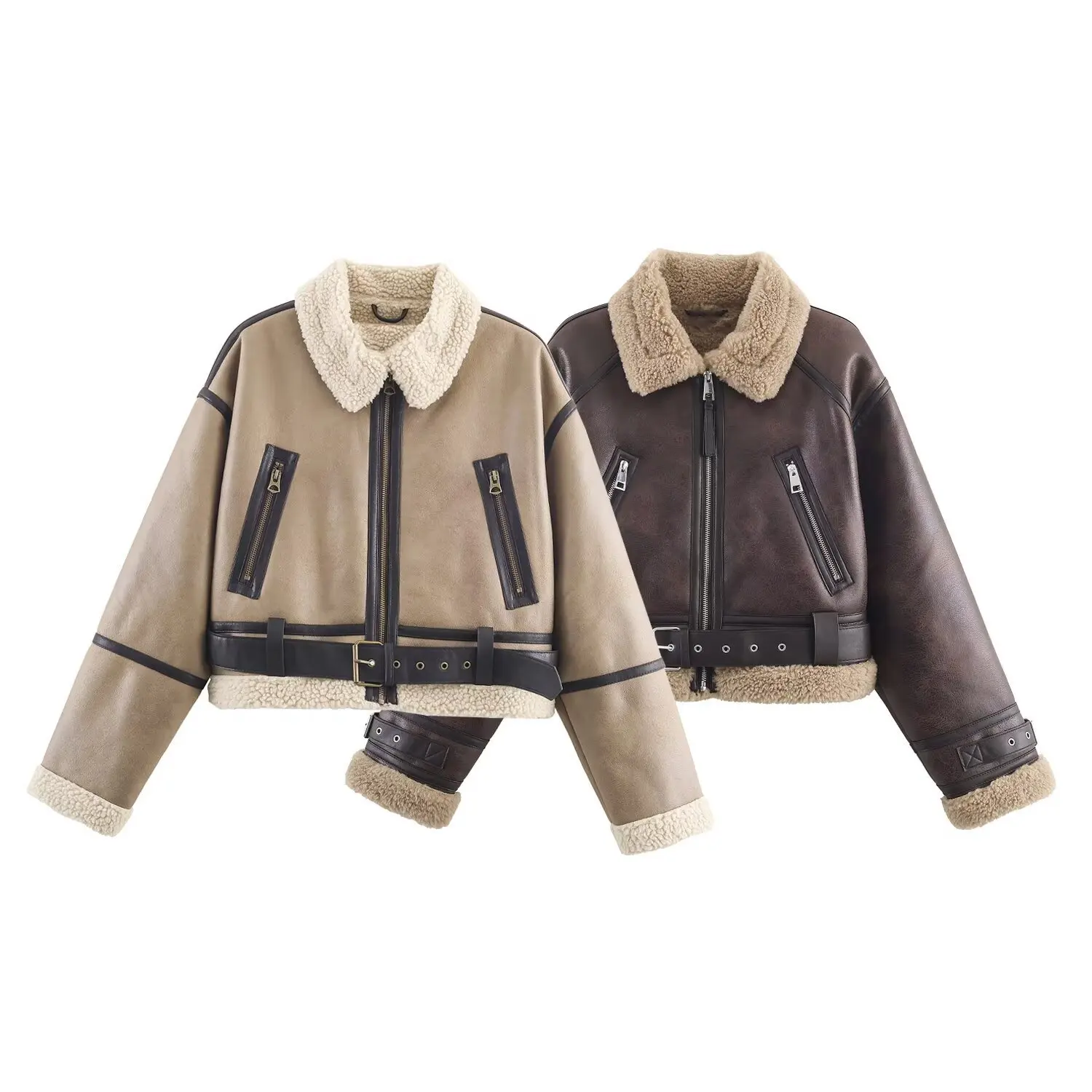 

KIDCRKJ Women Spring Leather Jacket Lambwool Collar Pockets Straight Female Integrated Fur Coat Slouchy-Style Warm Lady Fur Coat