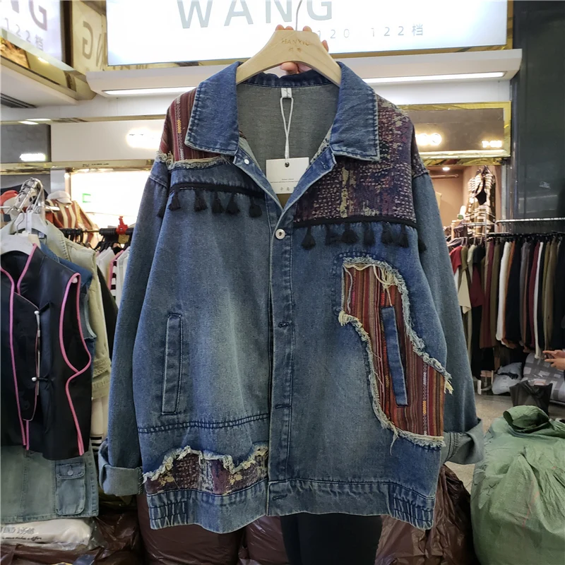 

Harajuku Vintage Ethnic Style Print Stitching Denim Jacket Women Frayed Burrs Fringe Loose Lapel Long Sleeve Casual Jeans Jacket