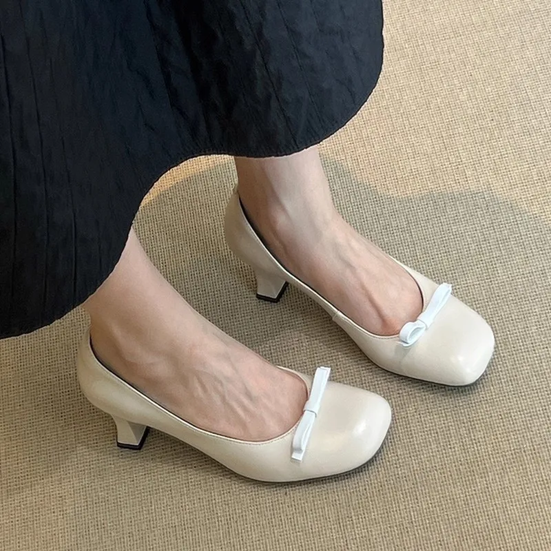 Retro Bowknot High Heeled Mary Jane Shoes Women Designer Pumps Shallow Comfort Round Toe Elegant Office Women Shoes Talons Femme