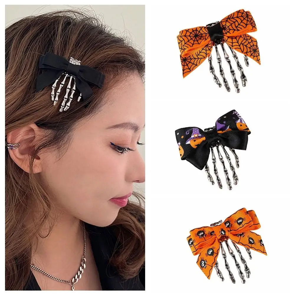 Retro Cloth Ghost Claw Hair Clip Headwear Skeleton Bow Knot Hair Clip Hair Accessories Halloween Hairpin Back Head