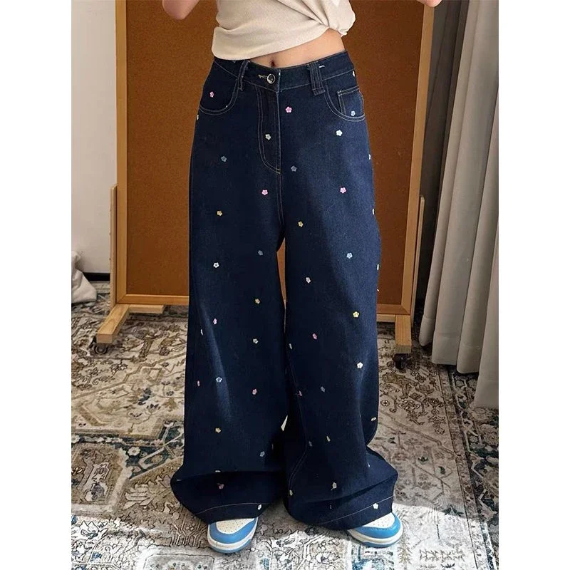 Women's Wide Leg Flower Embroidery Pattern Jeans Vintage Streetwear Cool Girl High Waist Baggy Pant Female Casual Denim Trousers