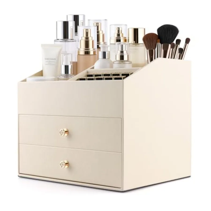 

Makeup Organizer with Drawers, PU Leather Cosmetic Storage Box Large Cosmetic Display Case for Skincare, Lipstick, Brushes, Bed