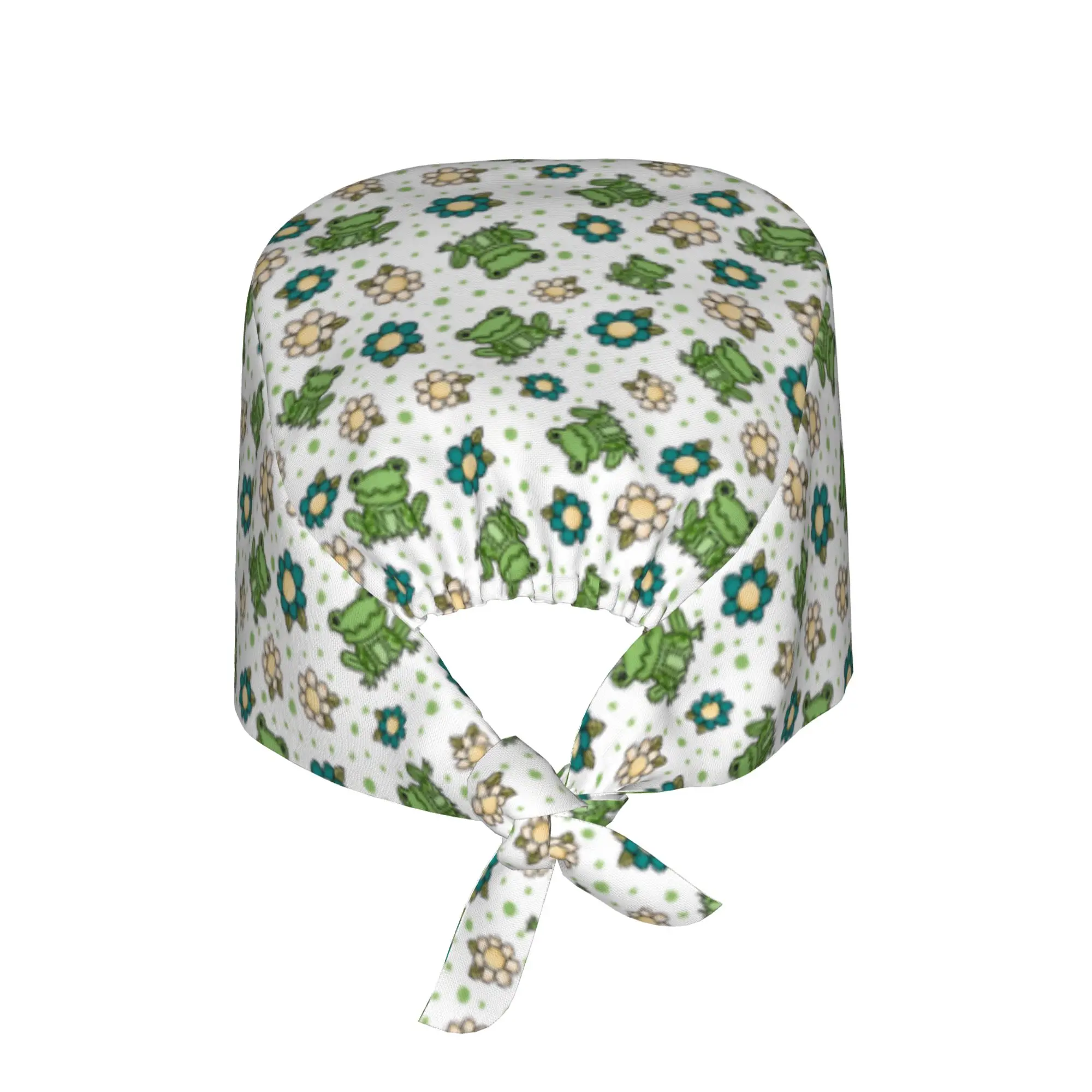 Adjustable Flowers and Green Frogs  Working Hat Women Men Animal Lover  Scrub Caps Scrub Nursing Doctor Surgeon Cap for Chef
