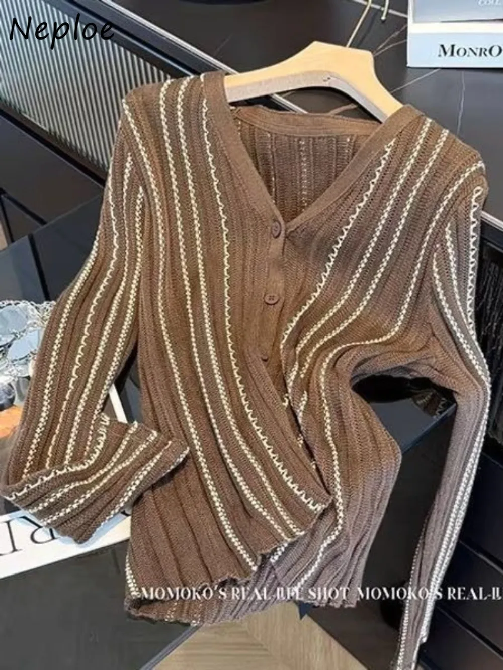 

Neploe Panelled Stripe Simple Office Lady Cardigan Premium Early Autumn V Neck Knit Long Sleeve Jumper Unique All-match Sweaters