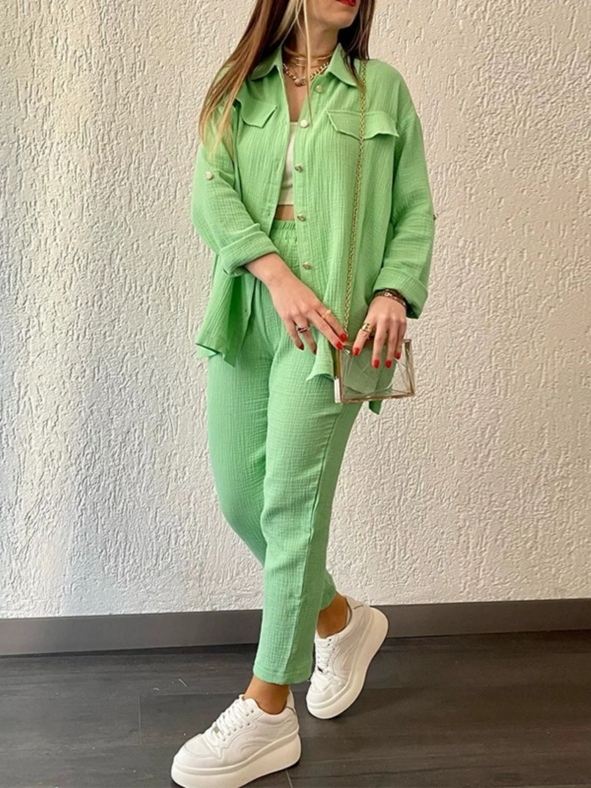 

Loose Fit Casual irt Set Women's Long Sve Crew Ne Pants Two Piece Suit Polyester Autumn Faion for 25-35 Years Old