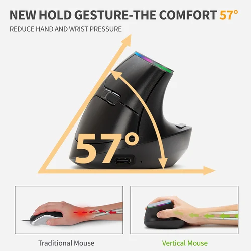 Imagen 2 del producto Ratón Vertical ergonómico Delux, ratón RGB inalámbrico recargable, Bluetooth 2,4G, 4000DPI, ratón silencioso para juegos para ordenador portátil y PC