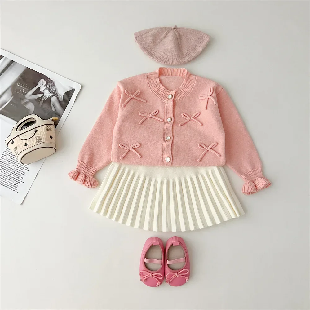 Girls Sets 2024 Autumn and Winter New Girls Bow Knitted Sweater Cardigan Solid Pleated Skirts Baby Girls Stylish Two-piece Set