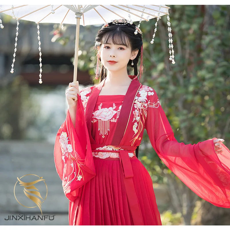 

JINXIHANFU Original Design Embroidery Printed Women Red Traditional Chinese Clothes Hanfu Elegant Fairy Folk Performance Dress