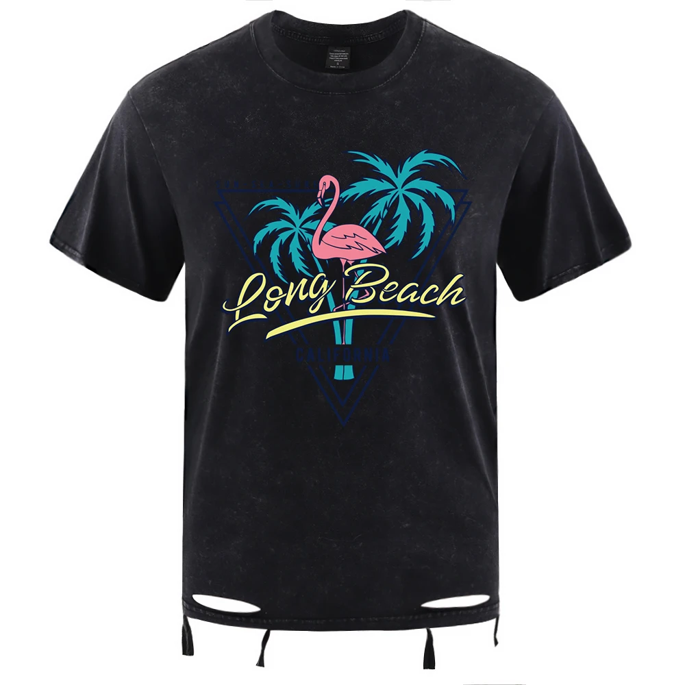 

Long Beach Califofnia Print Washed Holes T-Shirt Men Soft Cotton T Shirts O-Neck Cool Clothes Casual Summer Unisex Loose Top