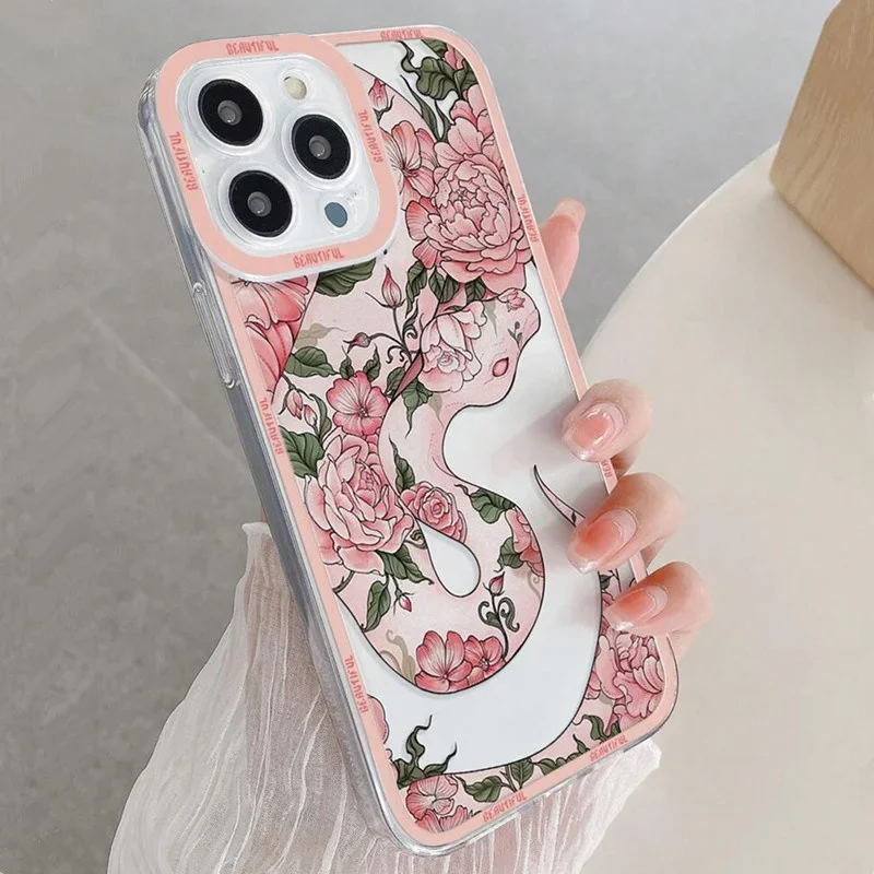 Flower Snake Print Design Phone Case For Samsung Galaxy S24 S23 S22 S21 Ultra Plus S20 FE A13 A23 A15 A35 A55 A54 Back Cover