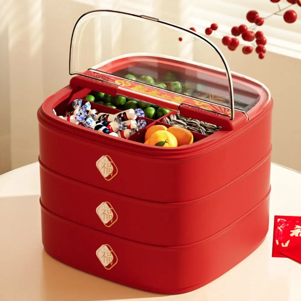 Party Supplies Red Chinese New Year Candy Fruit Tray Divided Flip Cover Snacks Plate Square 1/2/3 Layer Candy Box Living Room