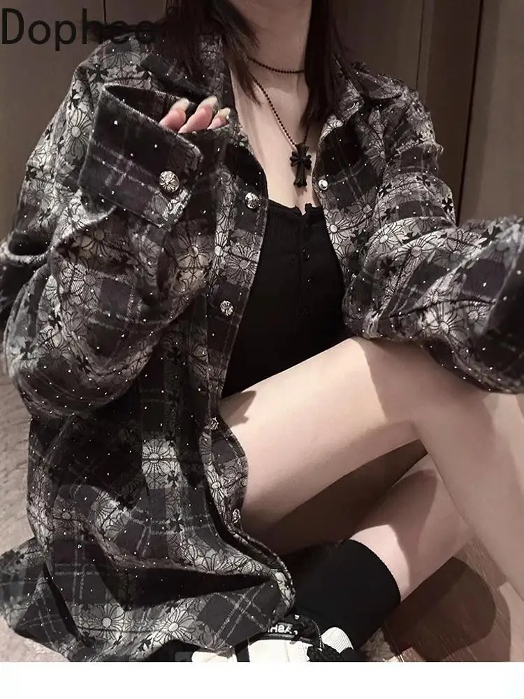 

Full Diamonds Hot Drilling Plaid Female Blouses Spring Autumn Vintage Shiny Cardigans Coat Mid-long Long Sleeve Women Shirts
